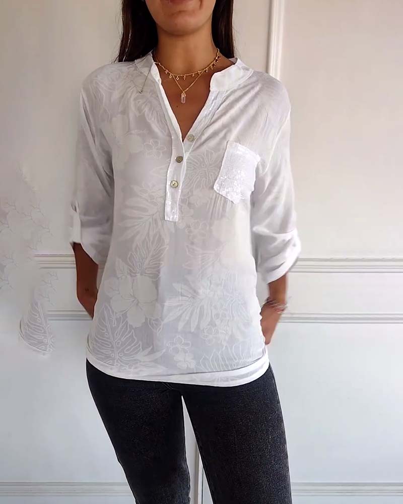 SHANA | BLUSE MIT BLATTDRUCK UND PATCHWORK PAILLETTEN