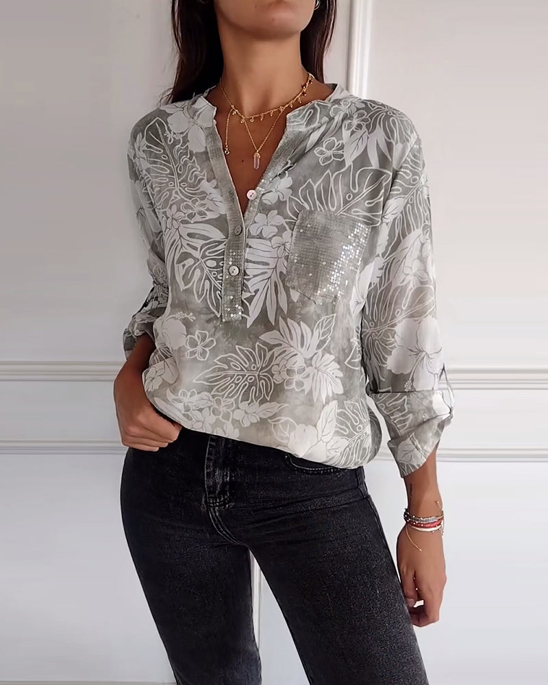 SHANA | BLUSE MIT BLATTDRUCK UND PATCHWORK PAILLETTEN