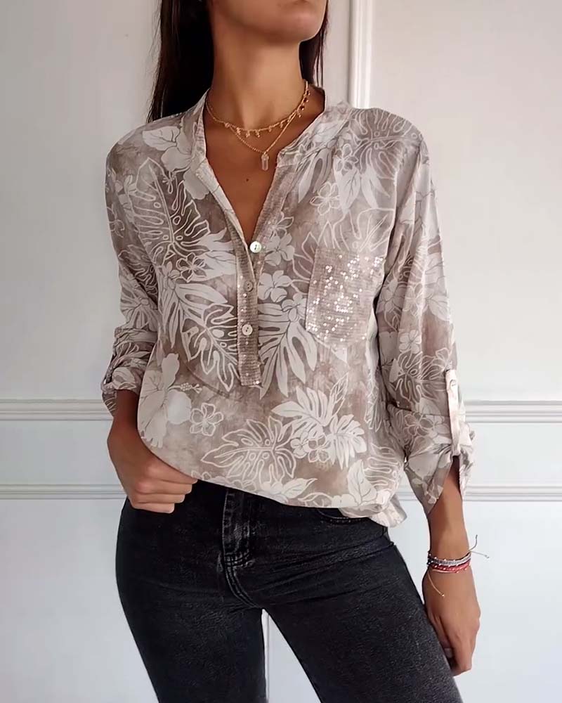 SHANA | BLUSE MIT BLATTDRUCK UND PATCHWORK PAILLETTEN