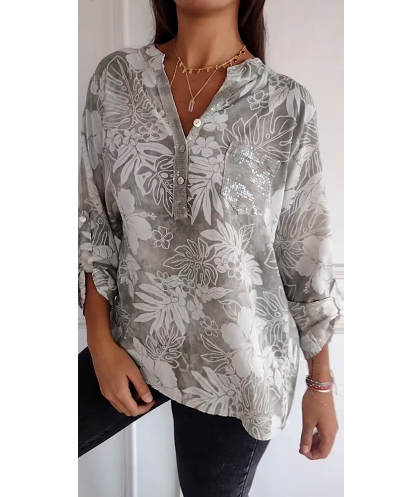SHANA | BLUSE MIT BLATTDRUCK UND PATCHWORK PAILLETTEN
