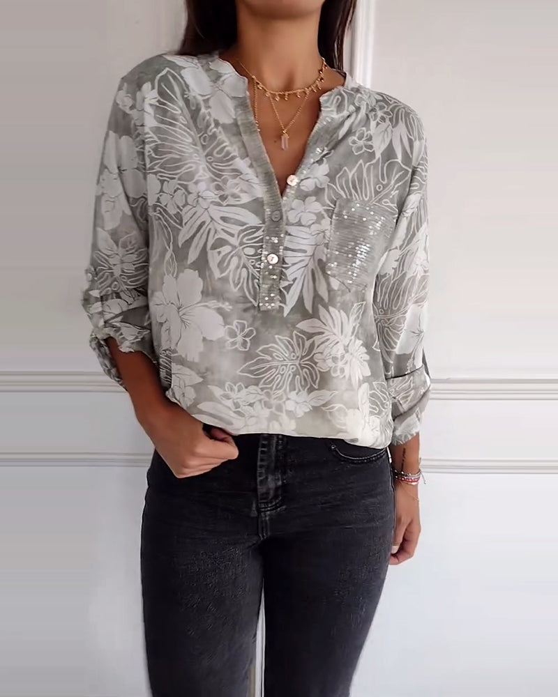 SHANA | BLUSE MIT BLATTDRUCK UND PATCHWORK PAILLETTEN