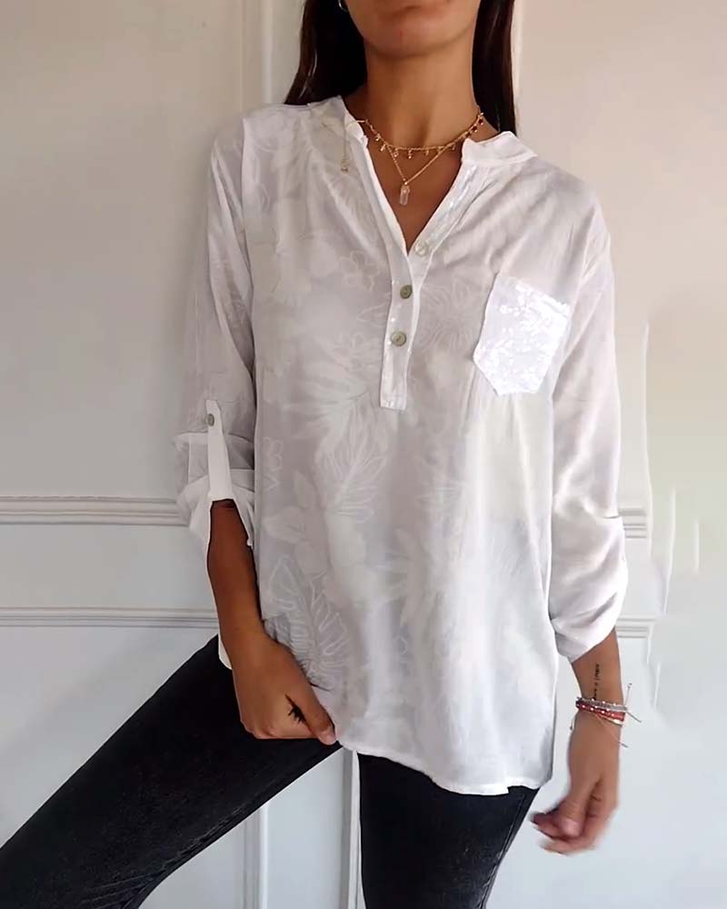SHANA | BLUSE MIT BLATTDRUCK UND PATCHWORK PAILLETTEN