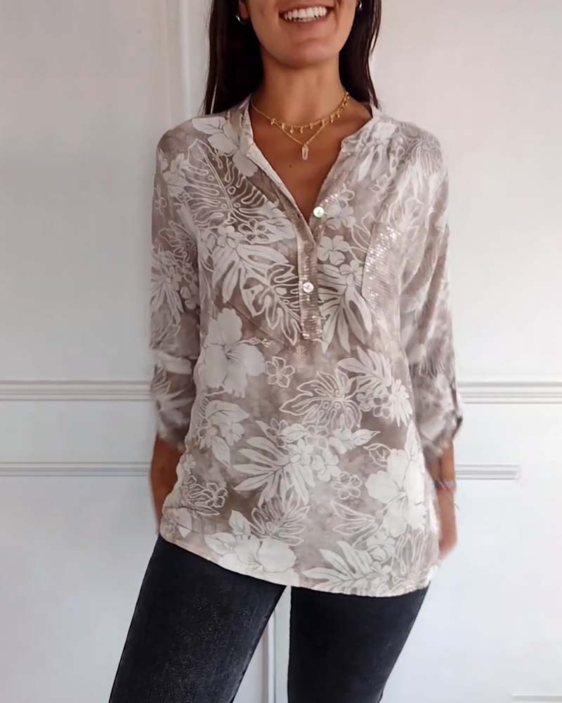 SHANA | BLUSE MIT BLATTDRUCK UND PATCHWORK PAILLETTEN