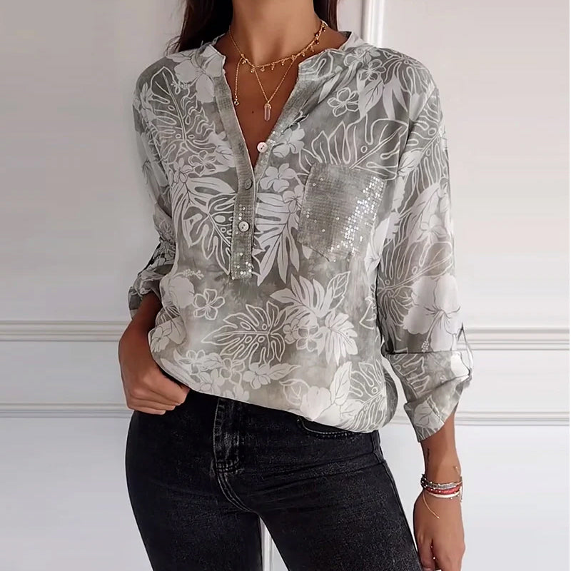 SHANA | BLUSE MIT BLATTDRUCK UND PATCHWORK PAILLETTEN