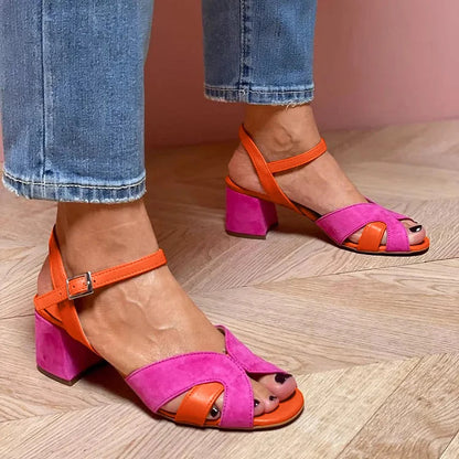 ARIA | KLEURBLOK PATCHWORK ANKLE STRAP PEEPTOE HIGH HEELS