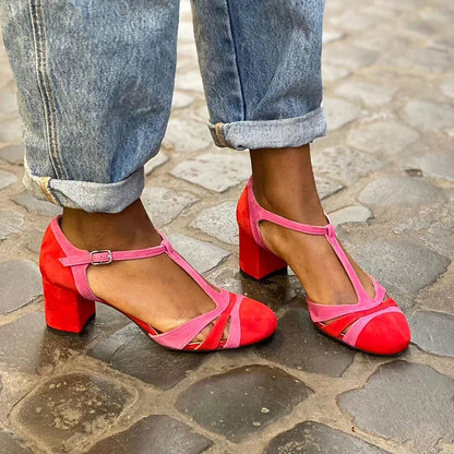 MAARTJE | FUCHSIA CHUNKY HACKEN MIT T-STRAP SCHNALLE UND FARBBLOCK
