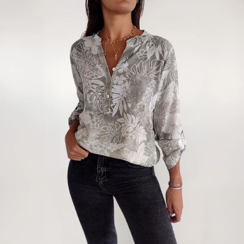 SHANA | BLUSE MIT BLATTDRUCK UND PATCHWORK PAILLETTEN